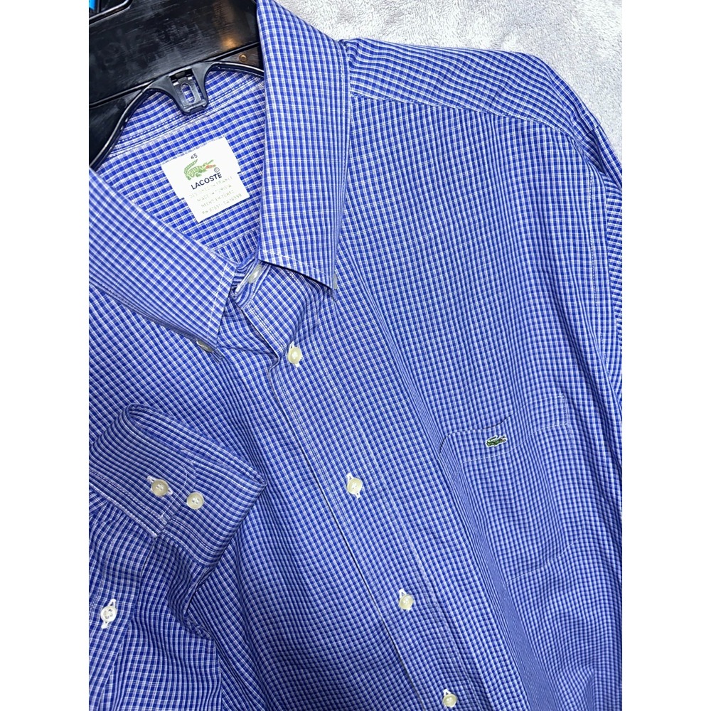 VTG Lacoste Men Long  Sleeve Button Down Shirt Blue Plaid Check Logo S 45 XL 2XL